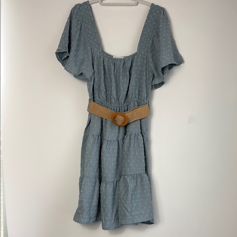 Blu Pepper Blue Ruffled Tiered Dress w/Flutter Sleeves & Ratan Belt - Large NWT